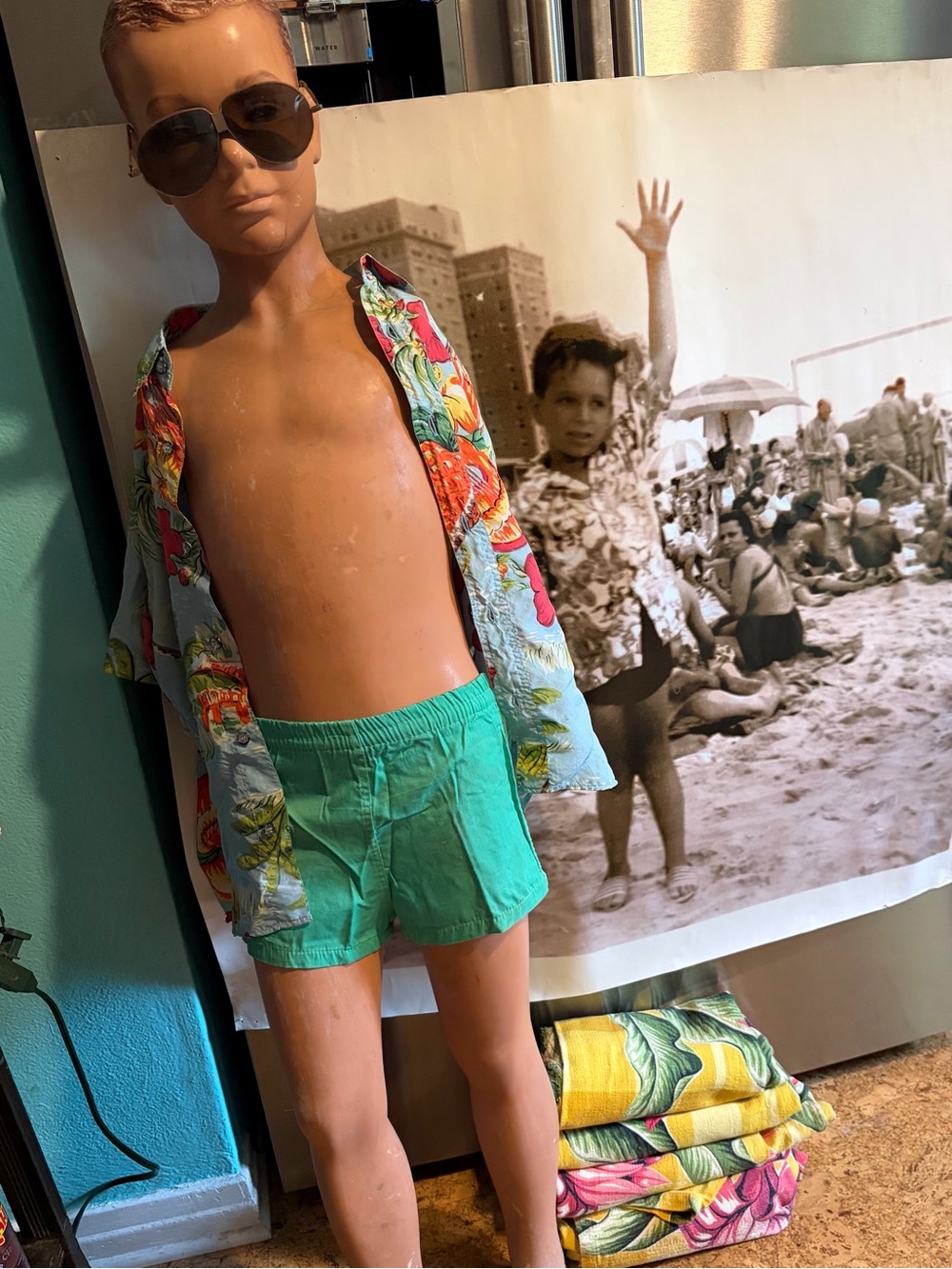 1950’s store stock Kids Green Swim Shorts - Classic Solid Beach Trunks